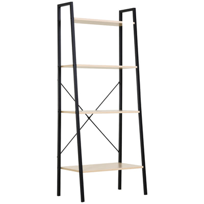 HOMCOM Bookcase 4-Tier Vintage Ladder Shelf with Wood Storage Rack, Stand Plants Display, Black and Natural 