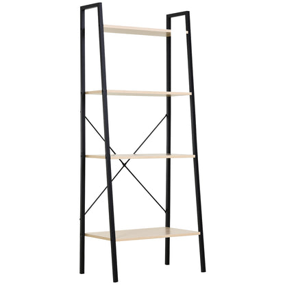 HOMCOM Bookcase 4-Tier Vintage Ladder Shelf with Wood Storage Rack, Stand Plants Display, Black and Natural 
