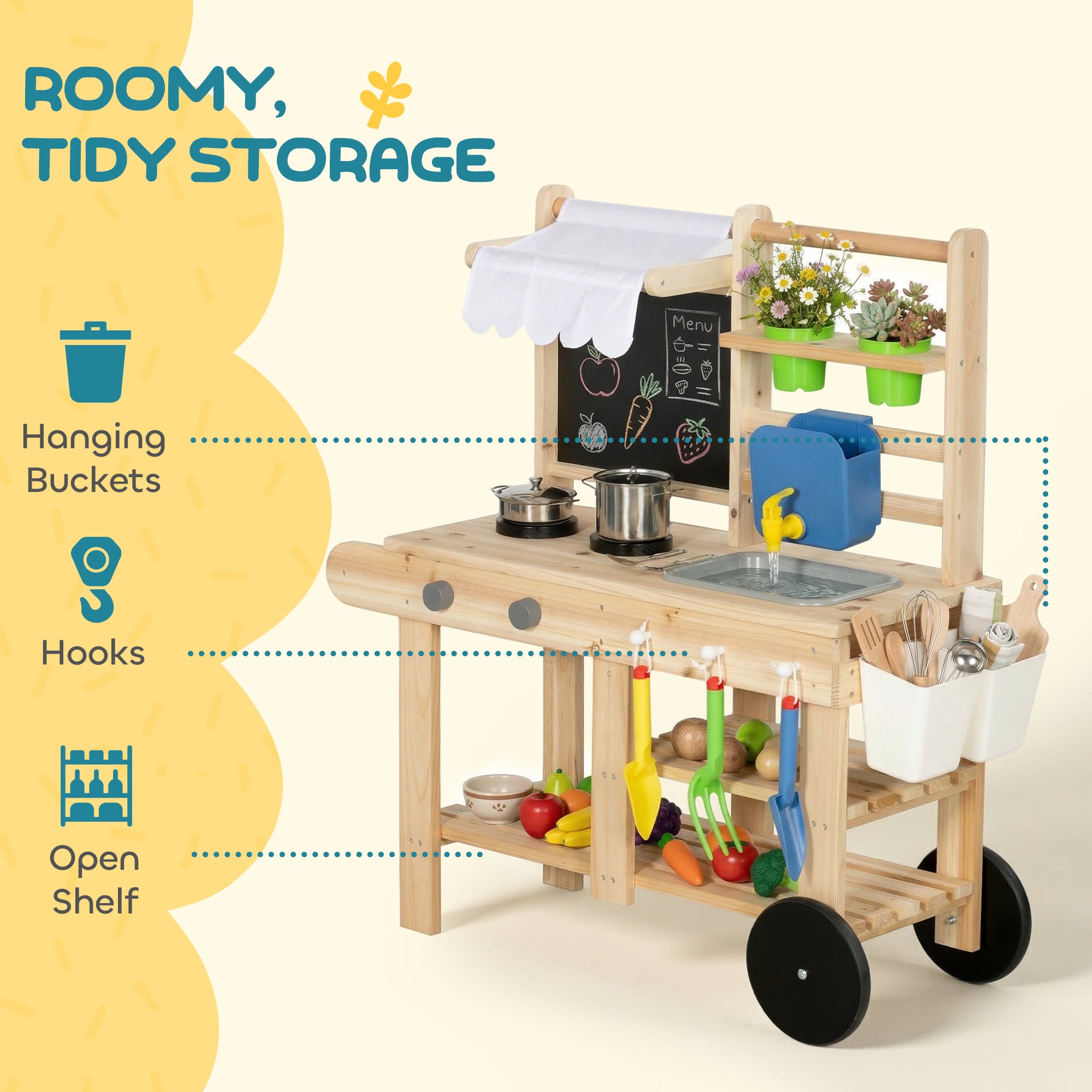 AIYAPLAY Mud Kitchen with Real Water Faucet Pretend Play Kitchen Playset with Sink and Storage Natural Wood 