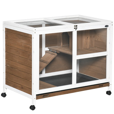 PawHut Wooden Rabbit Hutch, Bunny Cage w/ Tray, Ramp, Openable Roof, Wheels, 91.5 x 53.3 x 73cm - Brown 