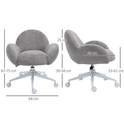 HOMCOM Makeup Vanity Chair, Cute Fluffy Desk Chair with Rolling Wheels for Bedroom Living Room, Grey 
