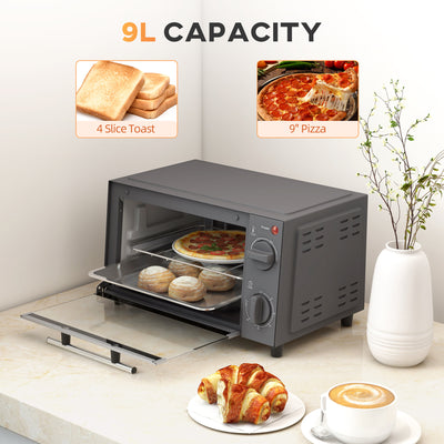 HOMCOM Mini Oven, 9L Countertop Electric Grill, Toaster Oven with Adjustable Temperature, Timer, Dishwasher Safe Baking Tray and Wire Rack, 750W, Grey 