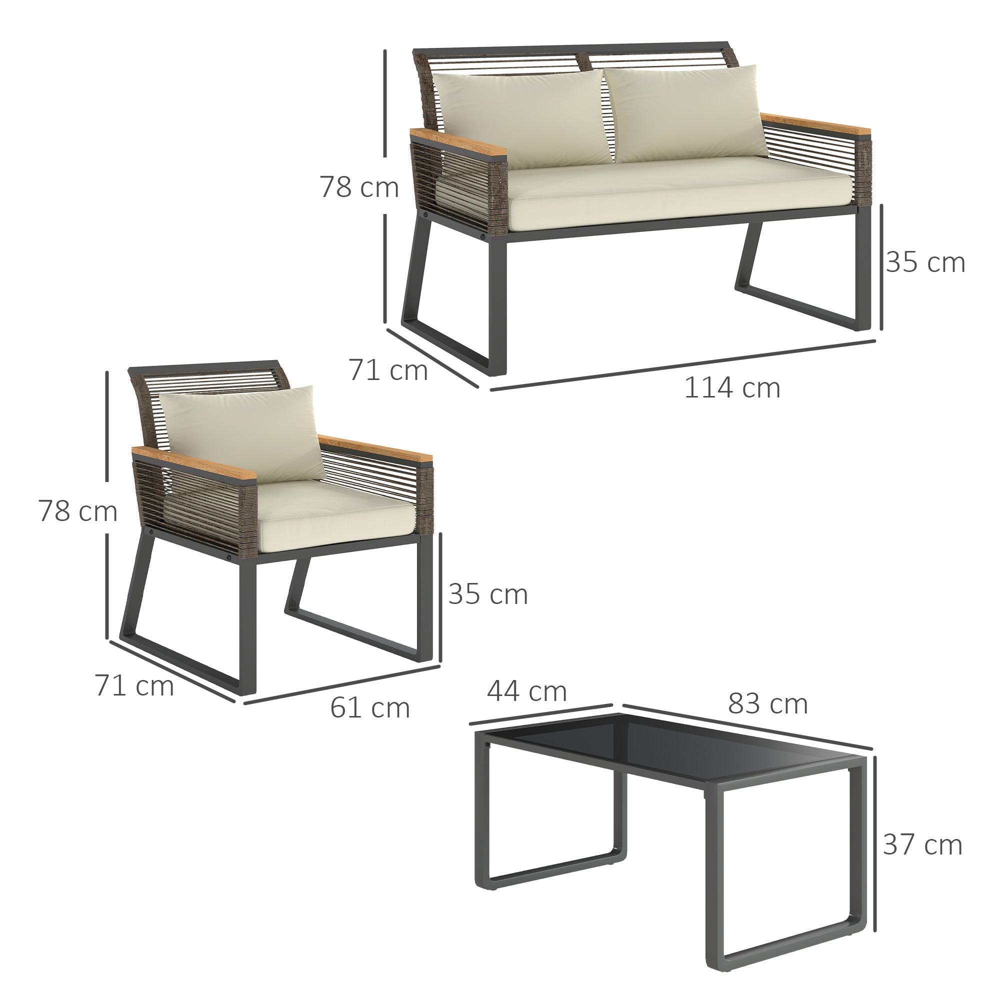 Outsunny Four Piece Wicker Rope Garden Furniture Set with Glass Top Coffee Table - Grey 