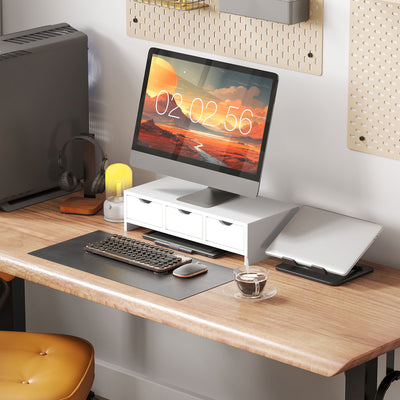 HOMCOM Monitor Stand Riser with 3 Drawers, Monitor Riser for Laptop, Computer, PC, Small Printer, 51 x 24 x 13cm, White 
