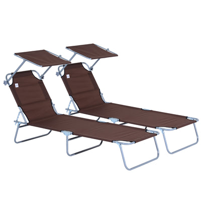 Outsunny 2 Pieces Outdoor Foldable Sun Lounger, 4 Level Adjustable Backrest Reclining Sun Lounger Chair with Angle Adjust Sun Shade Awning for Beach, Garden, Patio, Brown 