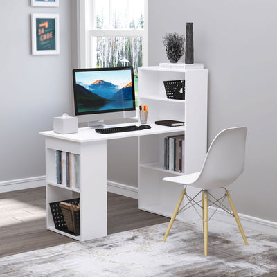 HOMCOM 120cm Modern Computer Desk Bookshelf Study Table Workstation PC Laptop Writing Home Office 6 Shelves, White 