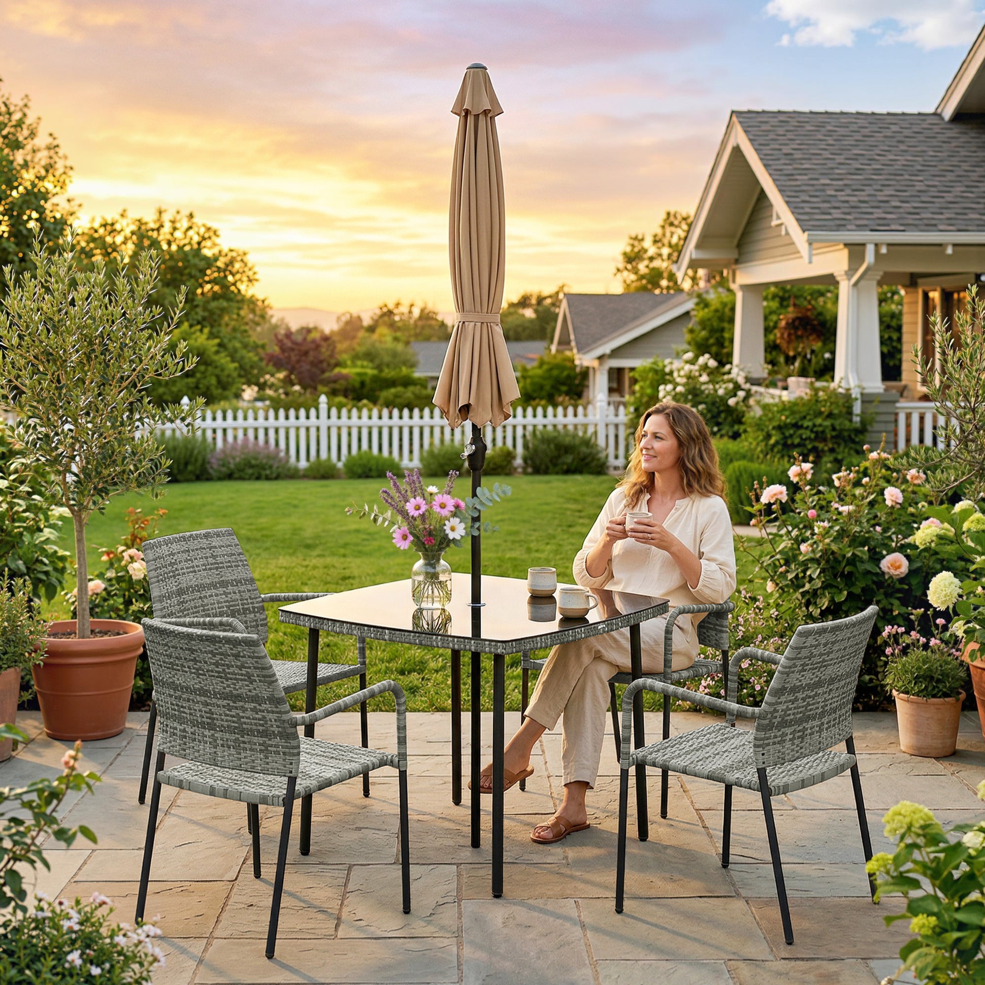Outsunny 4 Seater Rattan Dining Set with Parasol, 6 Piece Garden Table and Stackable Chairs with Tempered Glass Tabletop 
