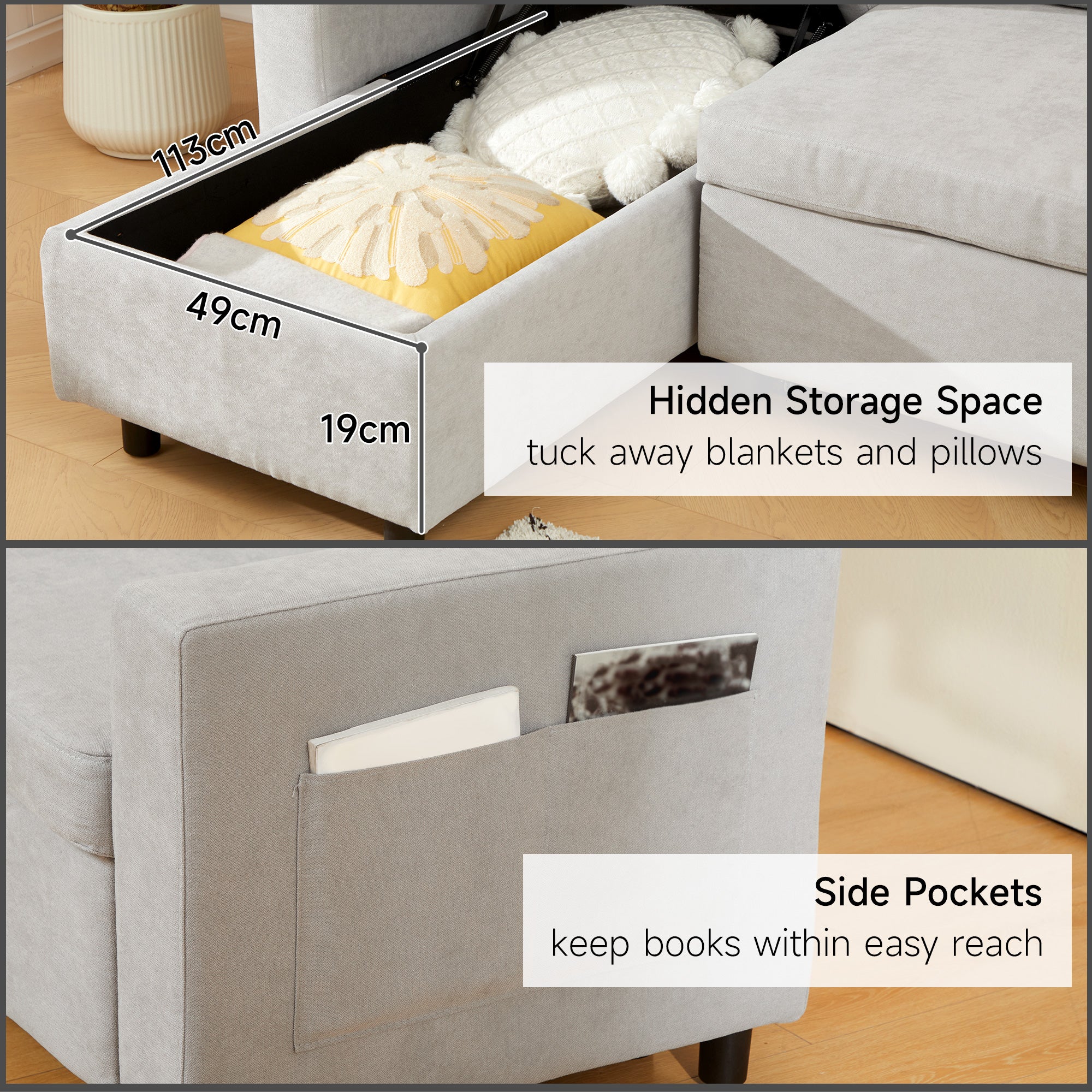 HOMCOM L Sofa Bed, with Storage - Light Grey 