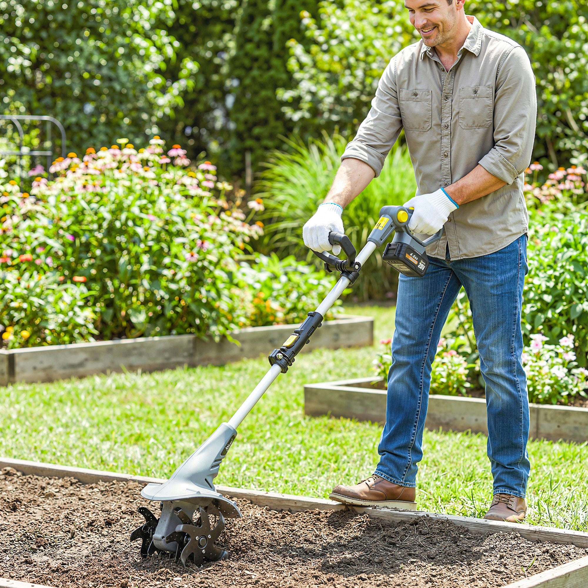 Outsunny Cordless Tiller, 18V Electric Garden Rotavator with 2 x 4000mAh Batteries, Charger, 20cm Tilling Width & 18cm Depth 