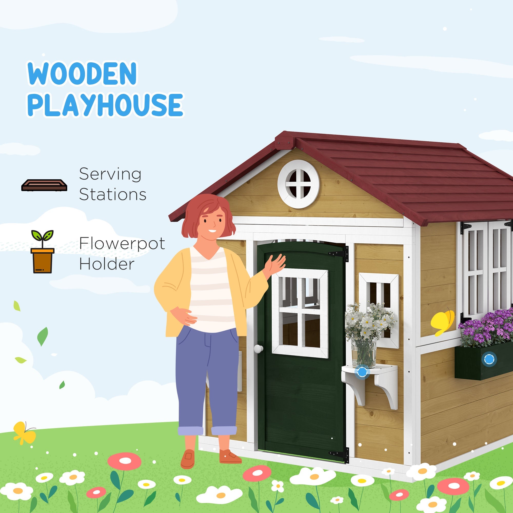 Outsunny Wooden Playhouse with Doors, Windows, Plant Pots, Boxes, for 3-8 Years - Beige 