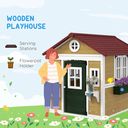 Outsunny Wooden Playhouse with Doors, Windows, Plant Pots, Boxes, for 3-8 Years - Beige 