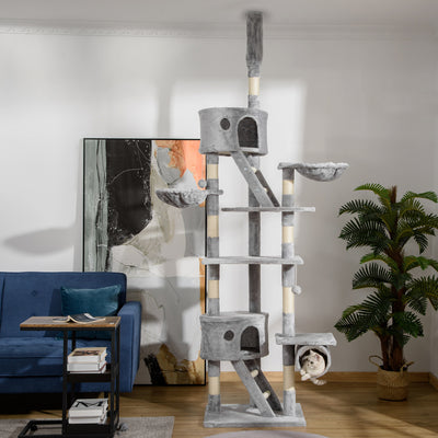 PawHut Floor to Ceiling Cat Tree for Indoor Cats, 240-260cm, Adjustable Height - Light Grey 