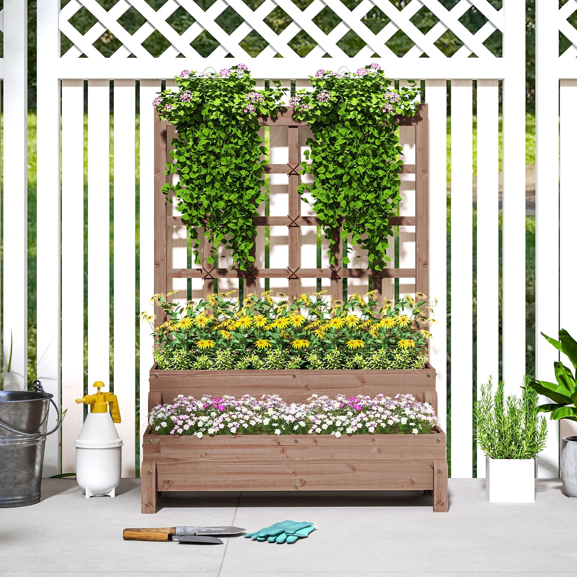 Outsunny 2-Tier Raised Garden Bed with Trellis, Wooden Elevated Planter Box with Drainage Holes, Outdoor Raised Planter for Climbing Plants, Fruits, Vegetables, Flowers, Brown 