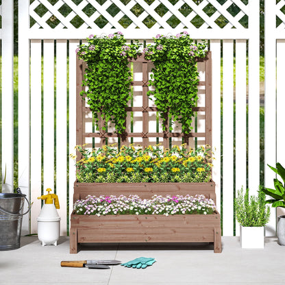 Outsunny 2-Tier Raised Garden Bed with Trellis, Wooden Elevated Planter Box with Drainage Holes, Outdoor Raised Planter for Climbing Plants, Fruits, Vegetables, Flowers, Brown 