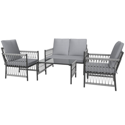 Outsunny 4 Piece Rattan Garden Furniture Set, 4 Seater Wicker Patio Conversation Set with 2 Armchairs, Loveseat, Glass Top Coffee Table and Cushions for Outdoor, Balcony, Grey 