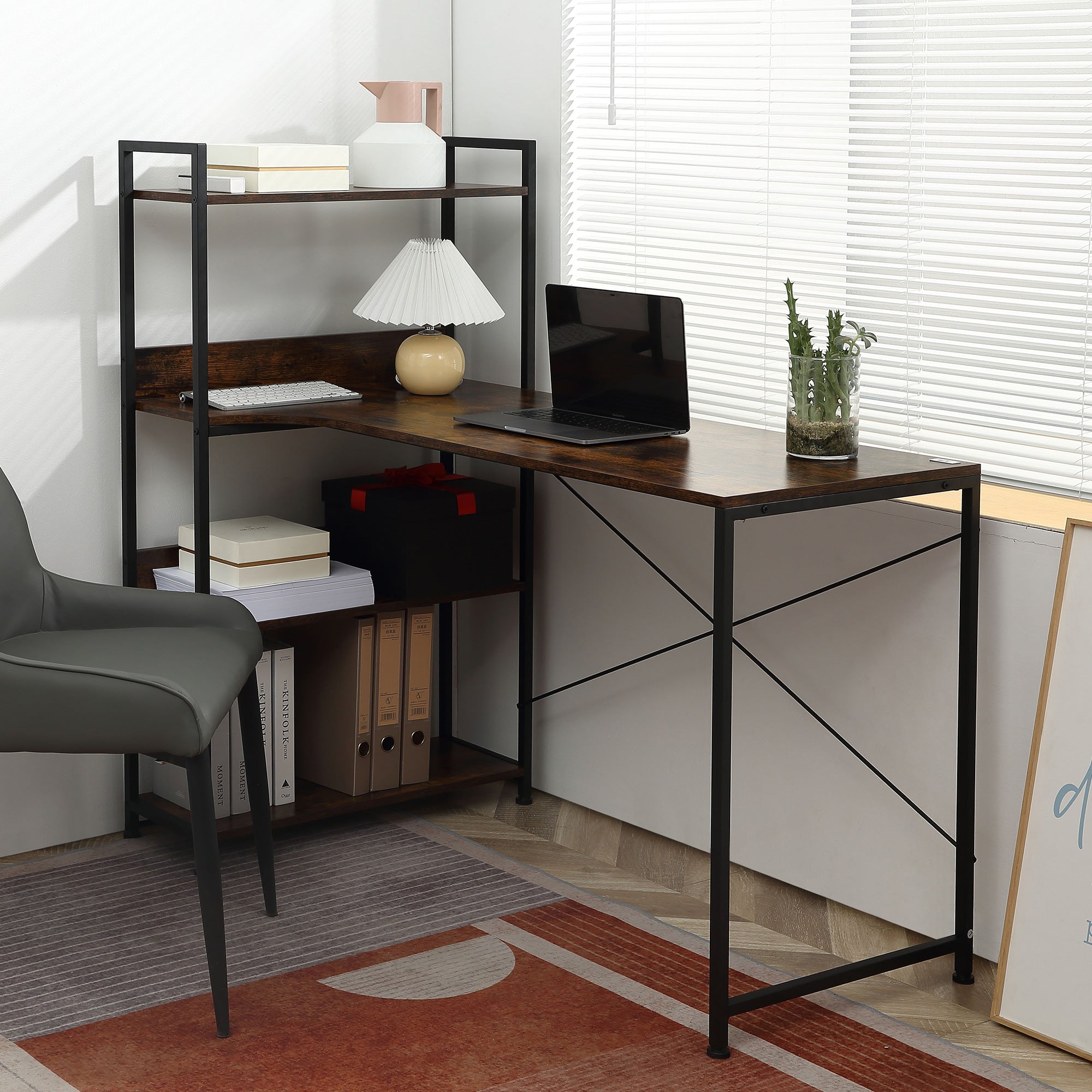 HOMCOM Computer Desk with Storage Shelves 120 CM Corner Desk, Computer Desk Writing Table with Metal Frame for Home Office Small Space, Rustic Brown 