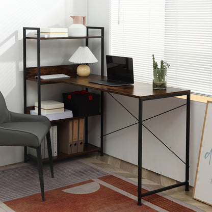 HOMCOM Computer Desk with Storage Shelves 120 CM Corner Desk, Computer Desk Writing Table with Metal Frame for Home Office Small Space, Rustic Brown 