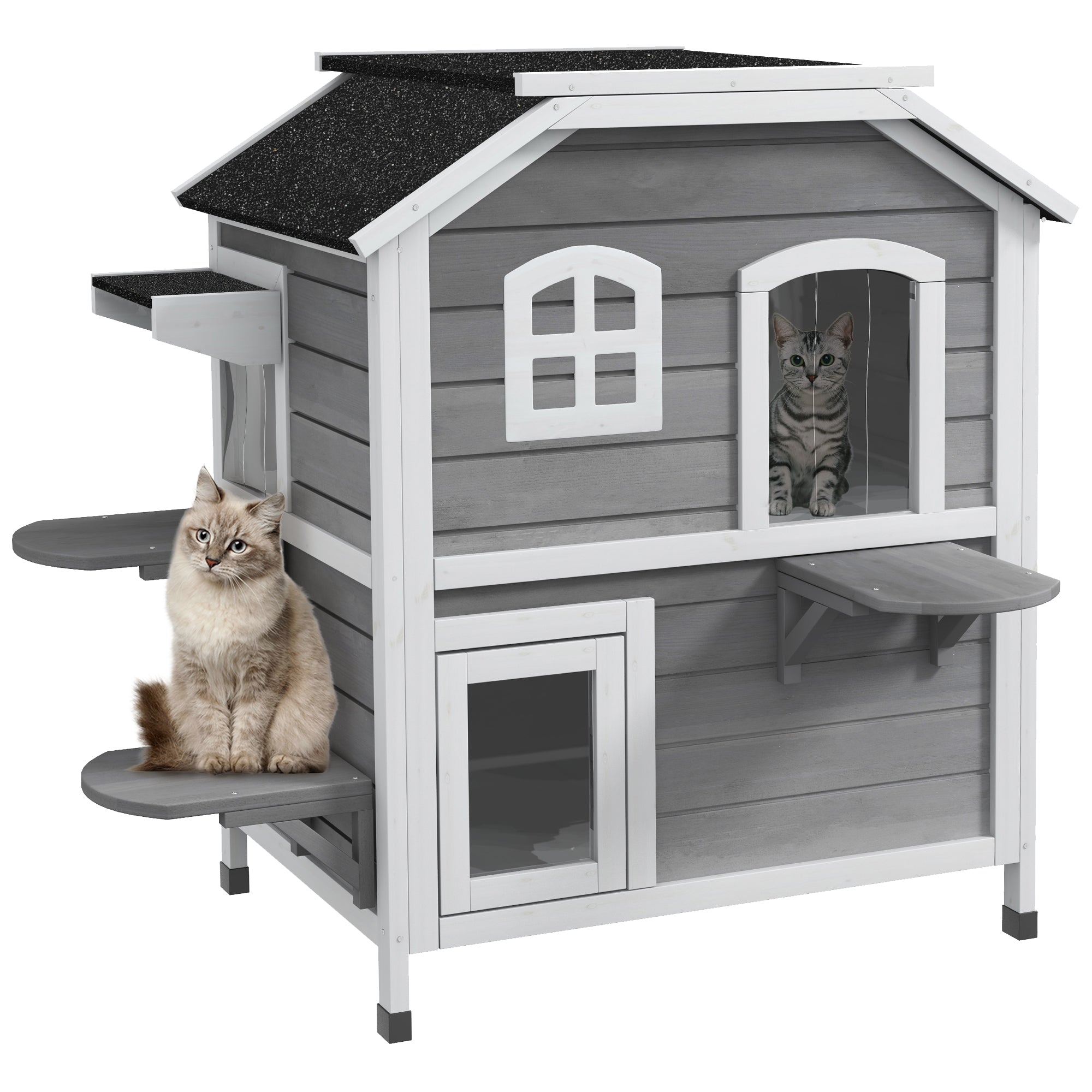 PawHut 2-story Cat House Outdoor, Weatherproof Wooden Cat Enclosure for Feral Cats with Escape Door, Openable Roof, Jumping Platforms, Grey 