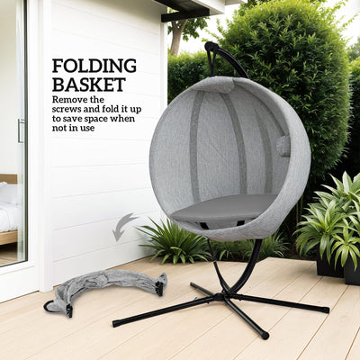 Outsunny Hanging Egg Chair Outdoor Indoor Garden Swing Chair with Folding Basket, Garden Hanging Chair with Stand, Thickened Cushion, Cup Holder for Patio, Balcony, Grey 