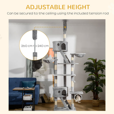 PawHut Floor to Ceiling Cat Tree for Indoor Cats, 240-260cm, Adjustable Height - Light Grey 