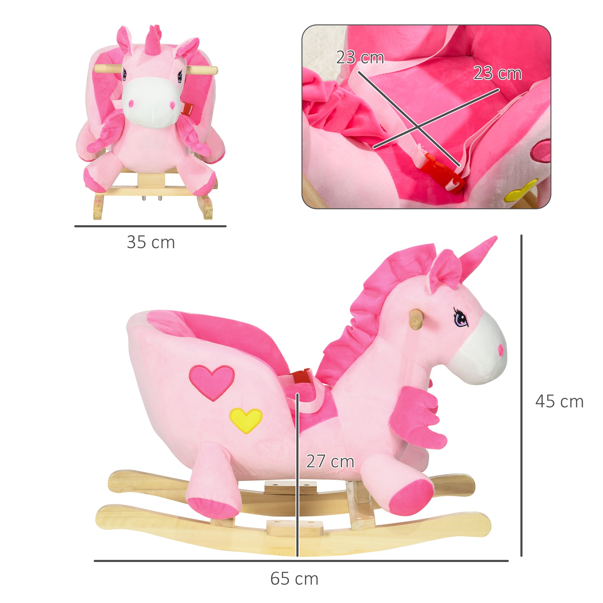 HOMCOM Kids Rocking Horse Ride on Unicorn with Songs, Wooden Base, Seatbelt, for Ages 18-36 Months, Pink 