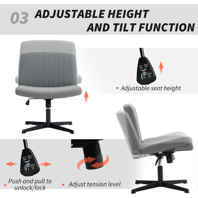 HOMCOM Armless Office Chair No Wheels, Linen Fabric Criss Cross Legged Desk Chair with Wide Seat, Thick Padding, Tilt Function, Height Adjustable Swivel Computer Seat for Home, Grey 