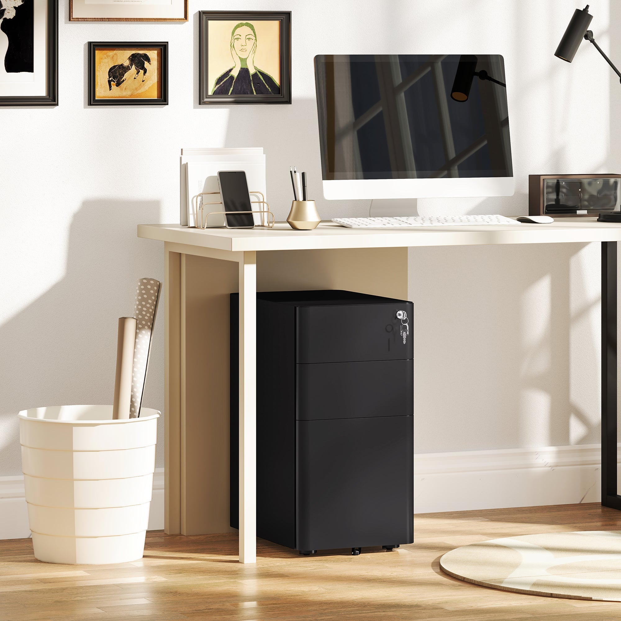 Vinsetto 3-Drawer Steel Filing Cabinet with Lock - Black 