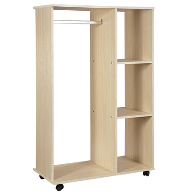 HOMCOM Open Wardrobe on Wheels, Bedroom Wardrobe with Clothes Hanging Rail, 3 Storage Shelves, Mobile Garment Rack for Cloakroom, Hallway, Maple Wood-Effect 