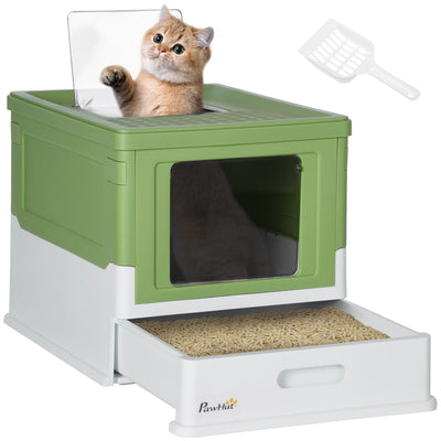 PawHut Hooded Cat Litter Box, Portable Pet Toilet, with Scoop, Front Entry - Light Green 