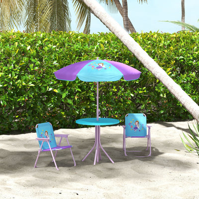 Outsunny Kids Picnic Table and Chair Set, Fairy Themed Outdoor Garden Furniture w/ Foldable Chairs, Adjustable Parasol 