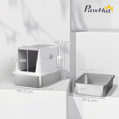 PawHut Extra Large Stainless Steel, Cat Litter Tray with Scoop, Flip Top 