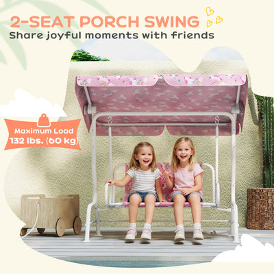 AIYAPLAY Kids Porch Swing, 2-Seater Patio Swing Bench Hammock with Seat Belts, Adjustable Canopy for Garden, Pink 