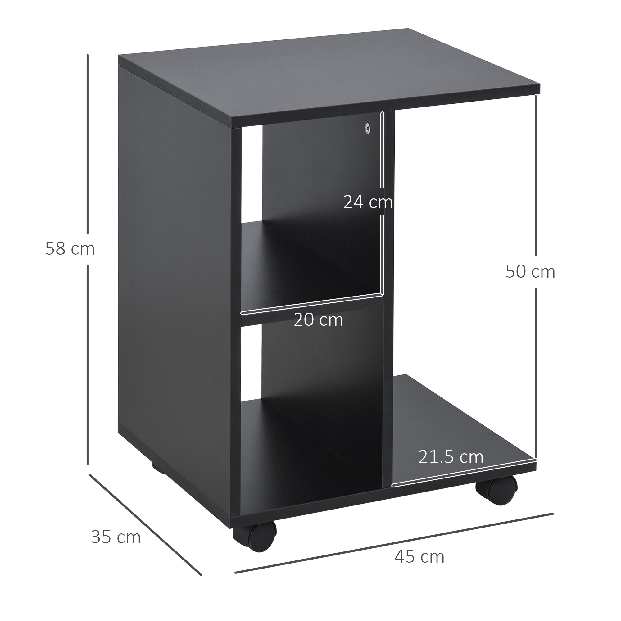 HOMCOM C-Shape End Table Unique Storage Unit w/ 2 Shelves 4 Wheels Freestanding Home Furniture Cabinet Square Black 