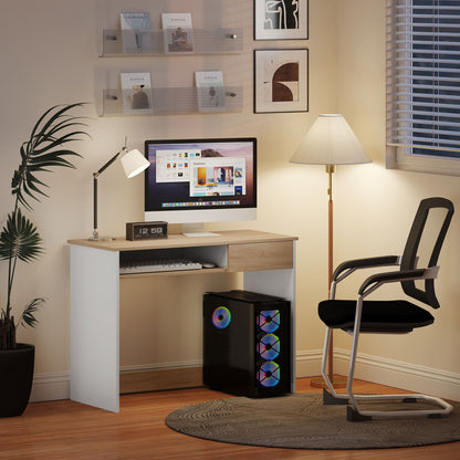 HOMCOM Compact Computer Desk with Keyboard Tray, Home Office Desk with Drawer for Bedroom Study, Oak 