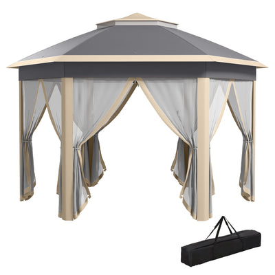 Outsunny Hexagon Pop Up Gazebo Outdoor Patio Gazebo Double Roof Instant Shelter with Netting, 3 x 4m, Khaki 