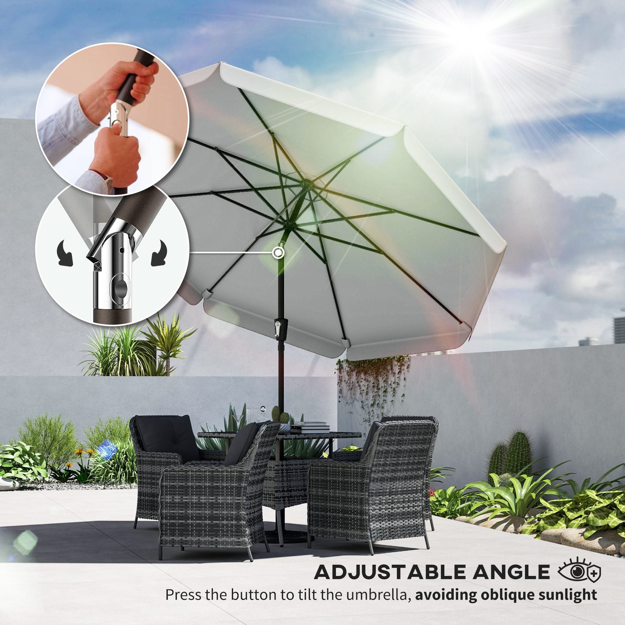 Outsunny 3 m Garden Parasol with Tilt Mechanism & Crank Handle, UPF 30+ Patio Umbrella Outdoor Table Umbrella, Light Grey 