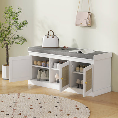 HOMCOM Shoe Storage Bench with Woven Rattan Doors, Seat - White 