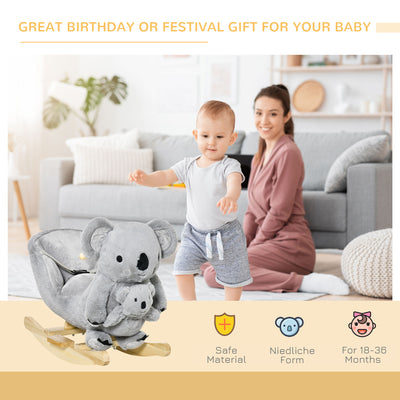 HOMCOM Kids Toddler Rocking Horse Plush Ride On Koala Rocker Wooden Base Seat Safety Belt w/ Gloved Doll Toy for 18-36 Months Grey 