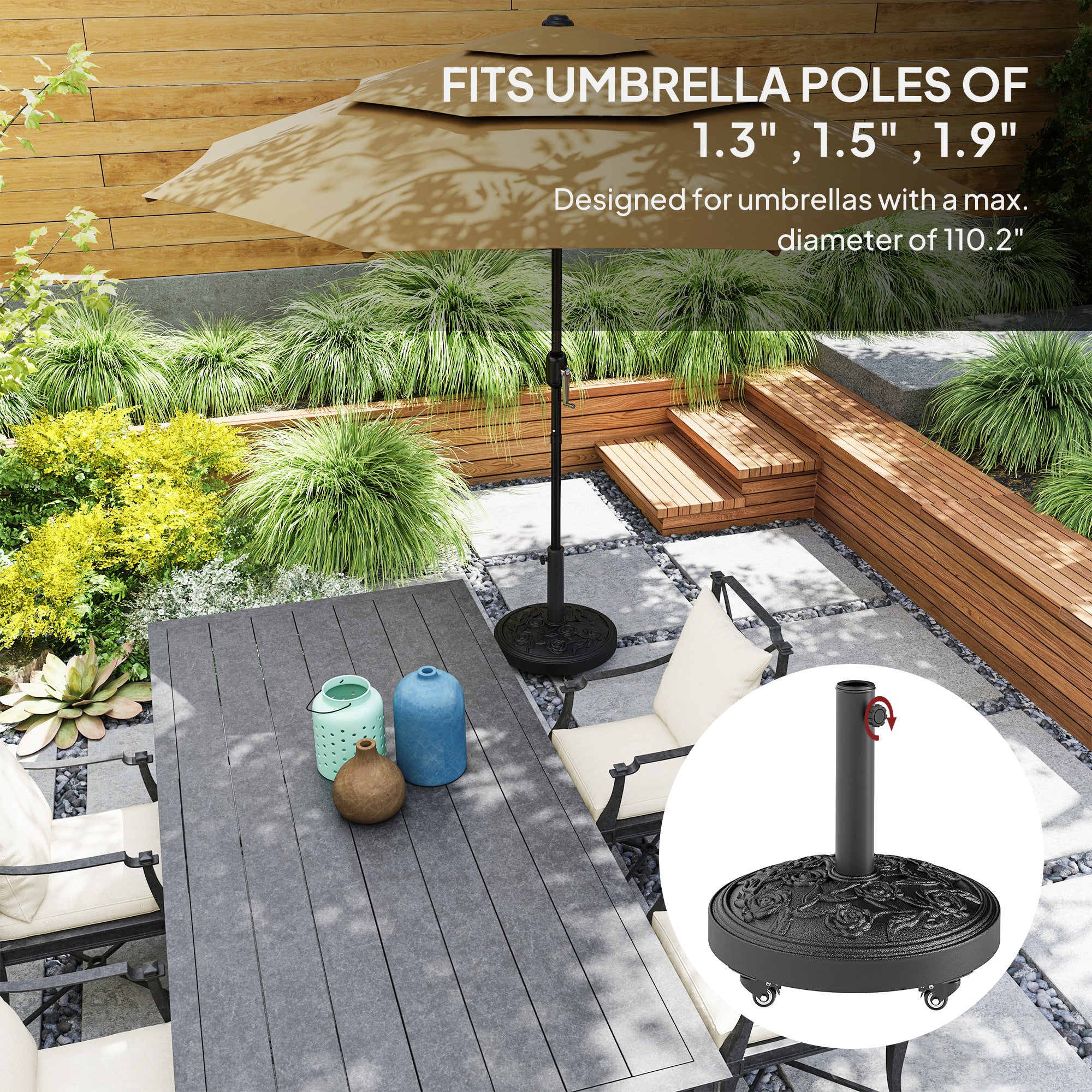 Outsunny Parasol Base, Umbrella Base with Wheels Cast Iron Effect, for Umbrella, Canopy, Weather Resistant, Black 