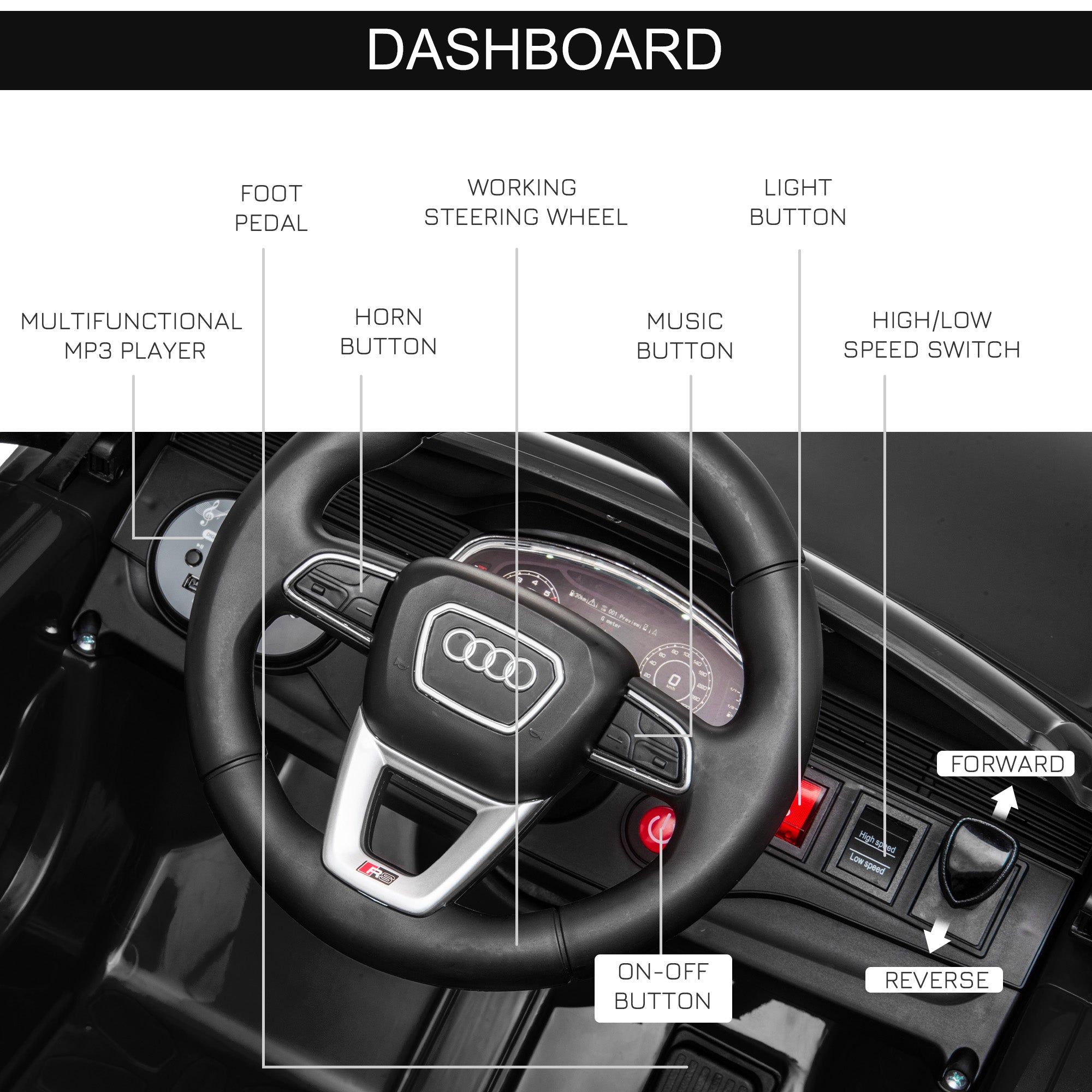 HOMCOM Audi RS Q8 Licensed Electric Car for Kids, 6V Kids' Electric Ride on with Remote Control, 7Ah Big Battery, Lights Bluetooth, Music USB MP3, for 3-5 Years Old, Black 