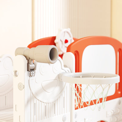 AIYAPLAY 7 in 1 Toddler Slide Set with Basketball Hoop, Climbing Frame, Telescope, Drawing Board, Storage Box, Orange 