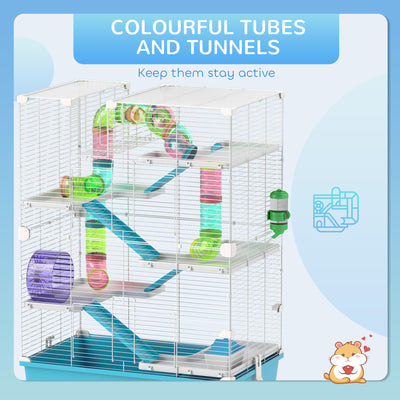 PawHut 6 Tier Hamster Cage, Small Animal Cage with Tubes, Exercise Wheel, Ramps, Hut, Food Dish, Water Bottle, Light Blue 