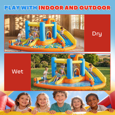 AIYAPLAY 5 in 1 Bouncy Castle for Children, Inflatable Bounce House with Dual Slides, Pool, Climbing Wall, Water Cannons, Blower 
