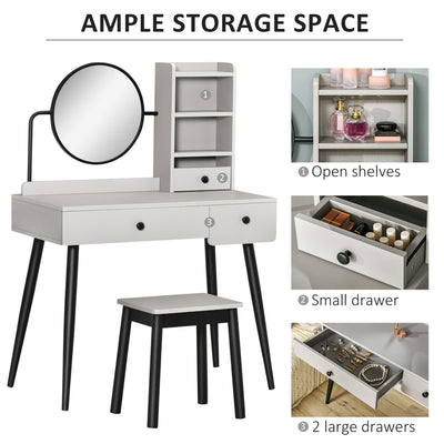 HOMCOM Dressing Table Set with Mirror and Stool, Vanity Makeup Table with 3 Drawers and Open Shelves for Bedroom, Living Room, Grey 