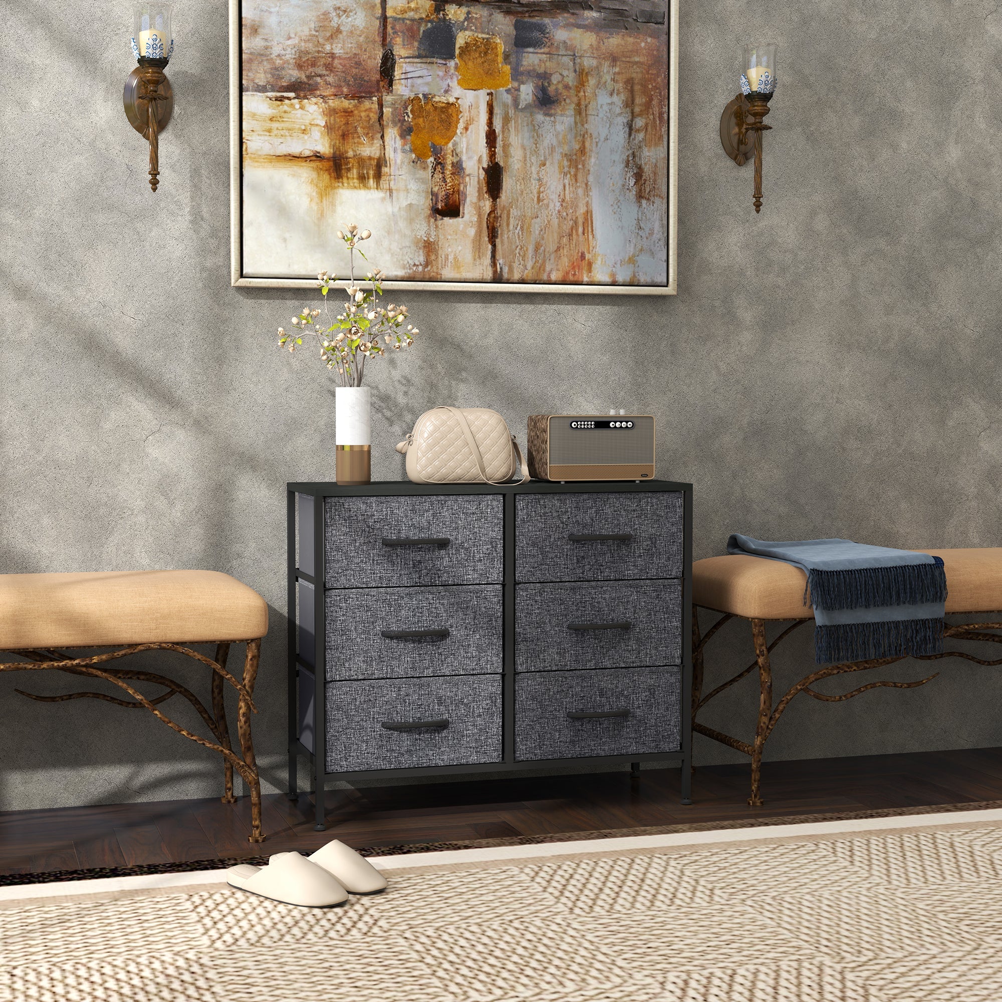 HOMCOM Fabric Chest of Drawers, Storage Drawers, Industrial Bedroom Dresser with 6 Fabric Drawers, Steel Frame and Wooden Top for Nursery, Living Room, Hallway, Black 