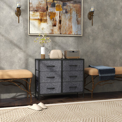 HOMCOM Fabric Chest of Drawers, Storage Drawers, Industrial Bedroom Dresser with 6 Fabric Drawers, Steel Frame and Wooden Top for Nursery, Living Room, Hallway, Black 