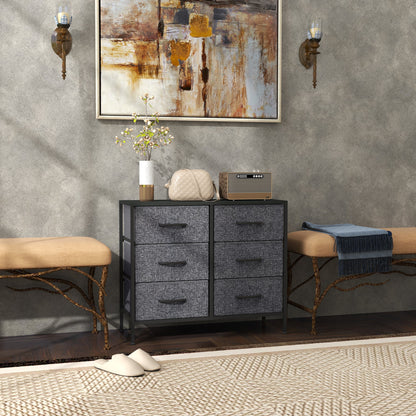 HOMCOM Fabric Chest of Drawers, Storage Drawers, Industrial Bedroom Dresser with 6 Fabric Drawers, Steel Frame and Wooden Top for Nursery, Living Room, Hallway, Black 