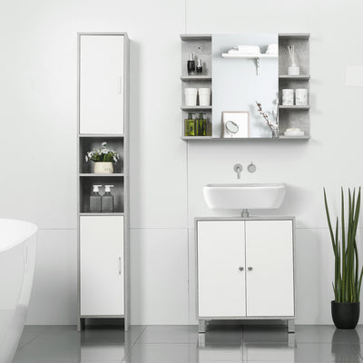kleankin Free-standing Tall Bathroom Storage Cabinet w/ 2 Cupboards 2 Open Compartments, Slim Bathroom Organizer Adjustable Shelves Elevated Base for Living Room, Grey 