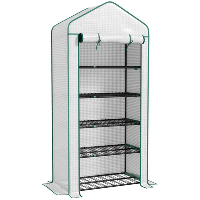 Outsunny 5 Tier Widened Mini Greenhouse with Reinforced PE Cover, Portable Indoor Outdoor Green House with Roll-up Door and Wire Shelves, 193H x 90W x 49Dcm, White 
