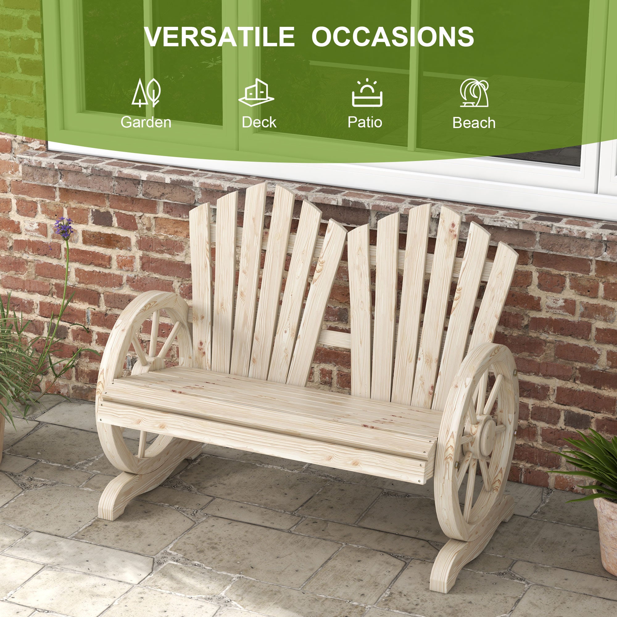 Outsunny Fir Wood Love Seats with Wheel-Shaped Armrests, Large Load-Bearing Chair, Natural Wood Finish 